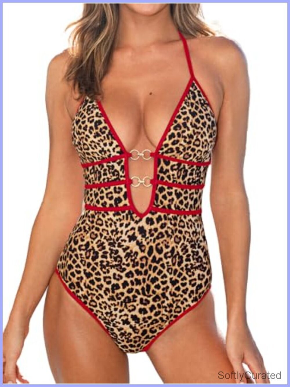 One Piece Swimsuit Plunging Halter Cutout Removable Cups Adjustable Straps O